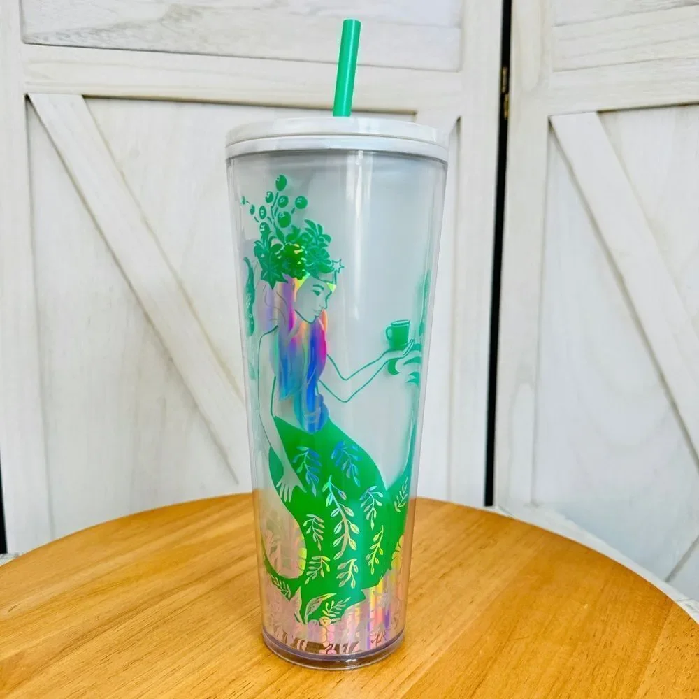 Starbucks Pearl Holographic Siren Mermaid Tumbler Venti Cup White Green 24oz